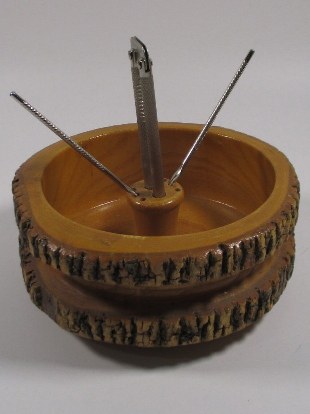 Vtg Handmade Wood Nut Cracker Bowl 1 Nut Cracker 2 Picks 8 in. dia. x 3.25 in h